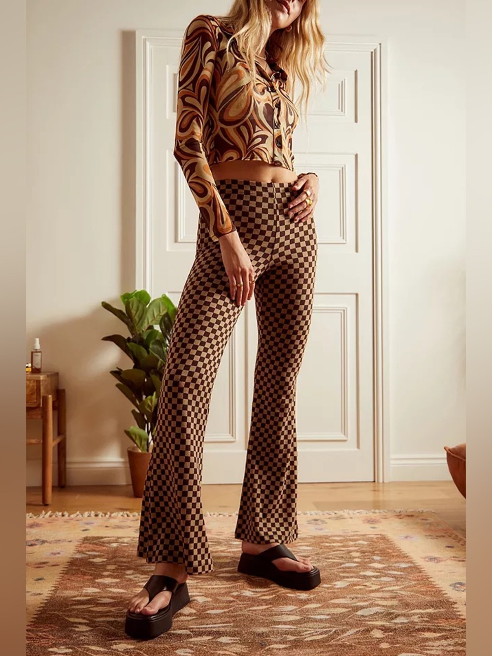 Urban Outfitters Checkerboard Knit Pants - Tan and Brown